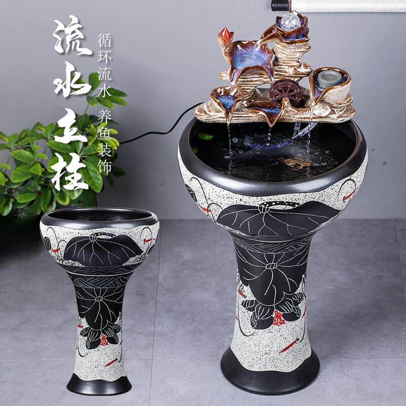 景德镇陶瓷落地立柱式鱼缸茶壶流水金鱼缸睡莲碗莲荷花盆锦鲤室外