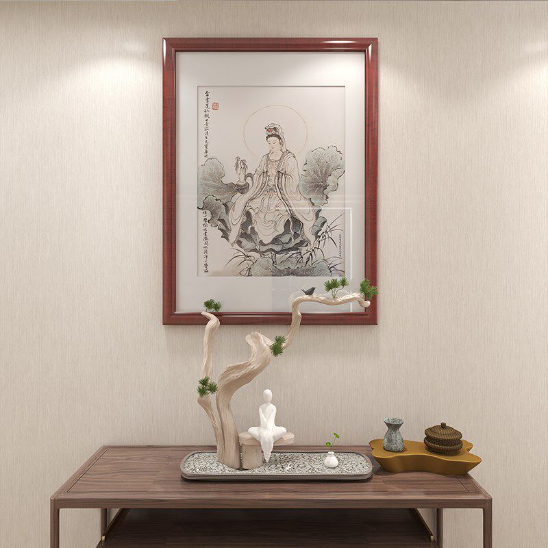 观世音菩萨画像光世音实木框挂画玄关供奉版画佛像平安结缘国画