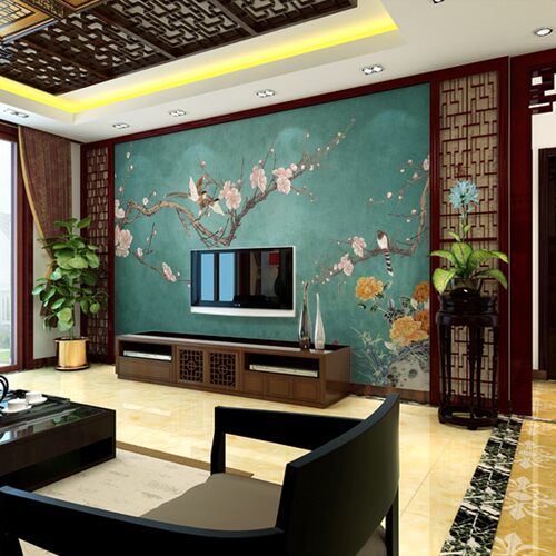 8d新中式花鸟电视背景墙壁纸梅花古风轻奢壁布客厅影视墙壁画墙布