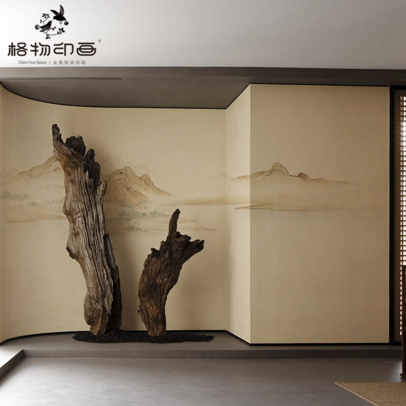 新中式山水画墙布饭店雅间走廊过道背景墙壁纸餐厅饮茶室装修墙纸