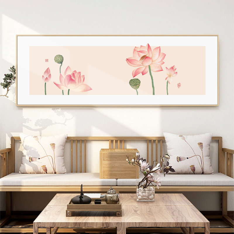 荷花 新中式客厅沙发背景墙装饰画横幅莲花卧室床头挂画防水壁画