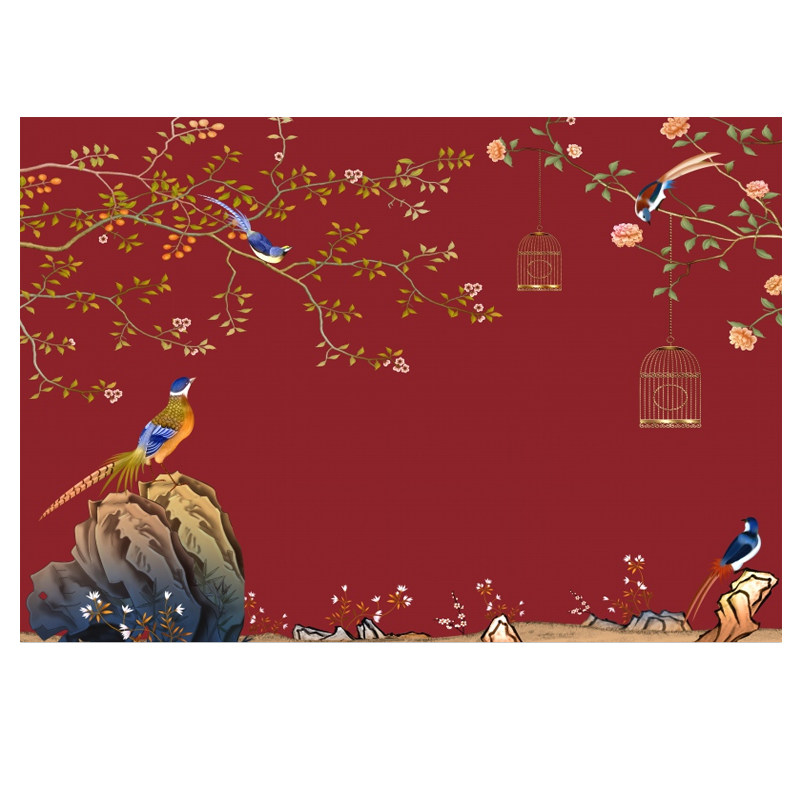 2023年新款电视背景墙壁纸现代中式花鸟壁画客厅卧室装饰墙布壁画
