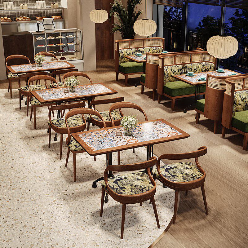 藤编靠背卡座咖啡厅奶茶店实木桌椅组合茶楼西餐饮酒吧商用座椅