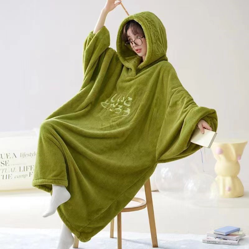 超大长毛绒韩版珊瑚绒睡衣女裙子秋冬睡裙长款浴袍家居服加厚加肥