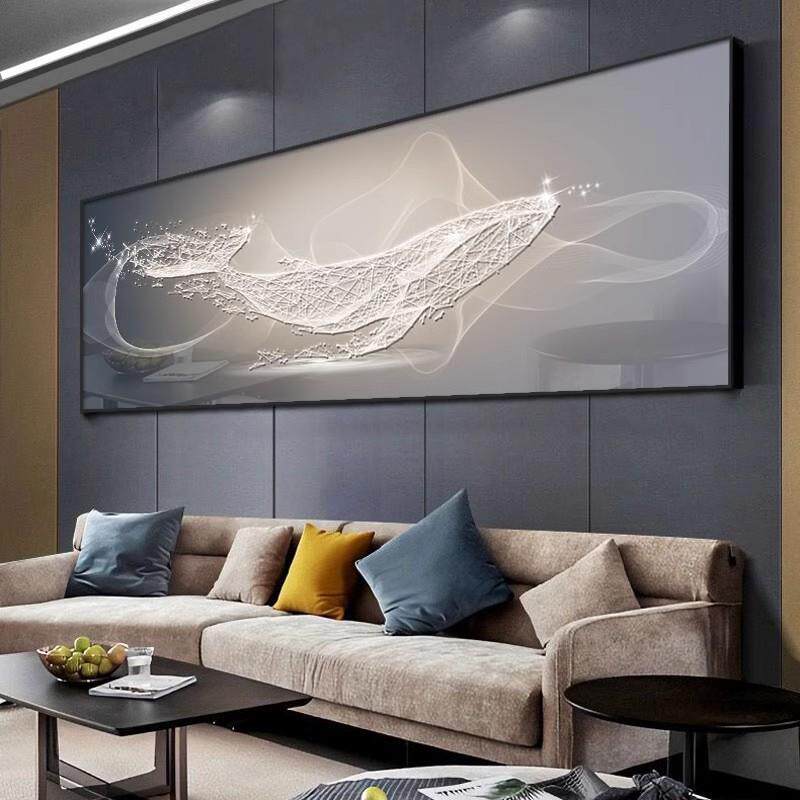 现代简约抽象鲸鱼横幅客厅墙壁画挂画卧室床头背景墙装饰晶瓷镶钻