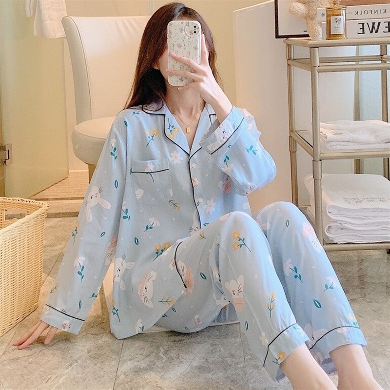 女士棉绸睡衣薄款长袖套装春夏季空调服人造绵开衫家居服秋天式生