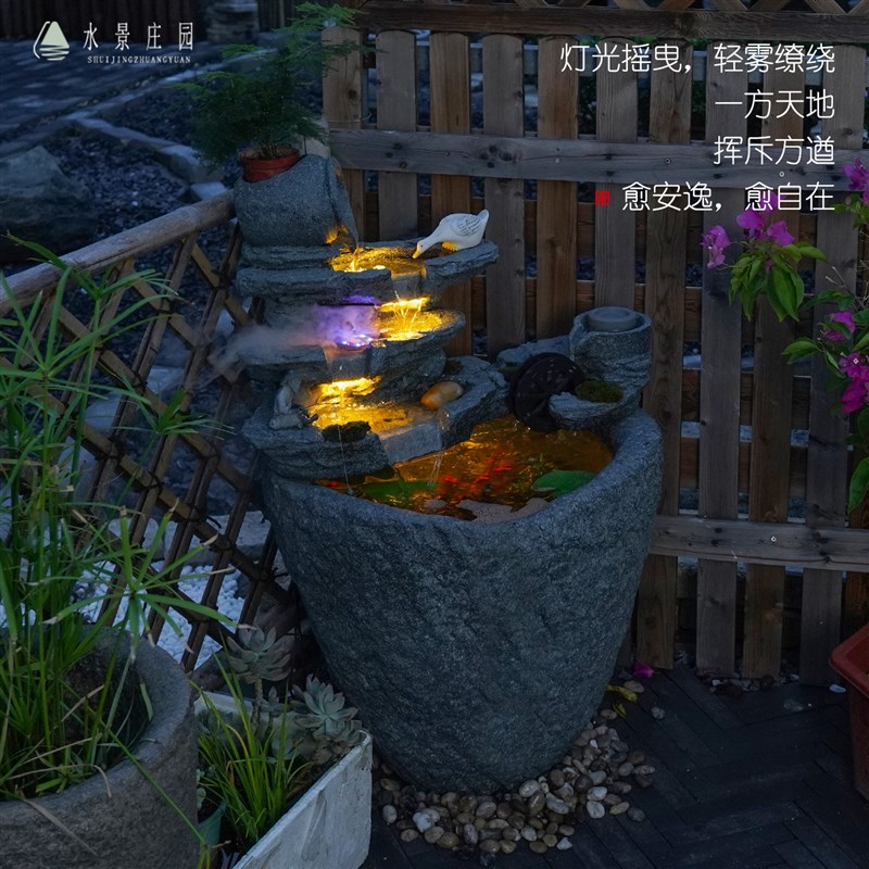 户外假山装饰流水摆件庭院阳台水缸造景花园水车循环水养鱼景观