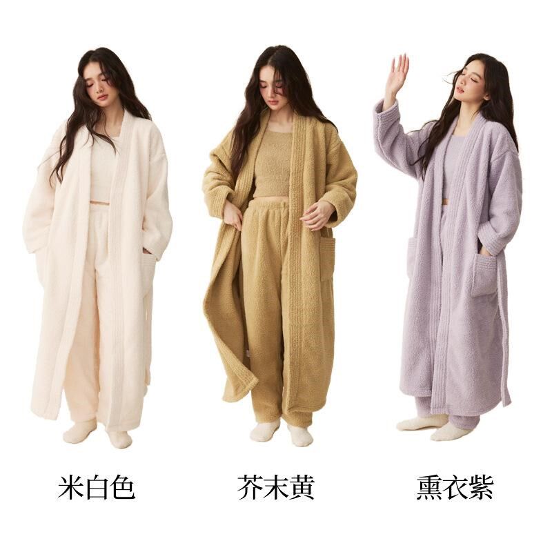 秋冬季女士睡衣半边绒加长厚睡袍珊瑚绒套装晨浴袍情侣睡袍男生