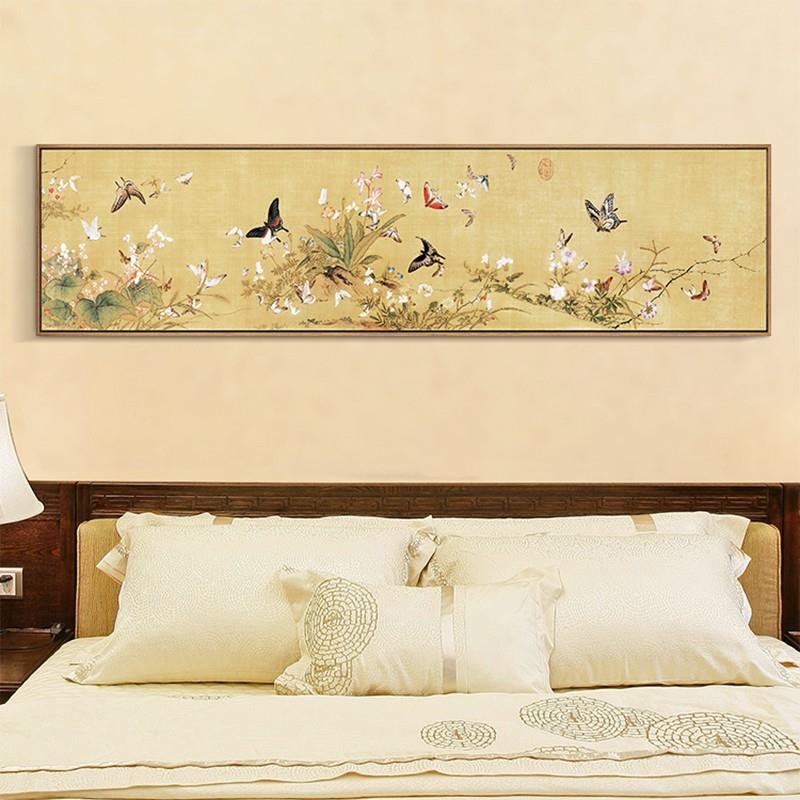 新中式卧室床头壁画客厅沙发背景墙装饰画蝴蝶花卉国画餐厅挂画横