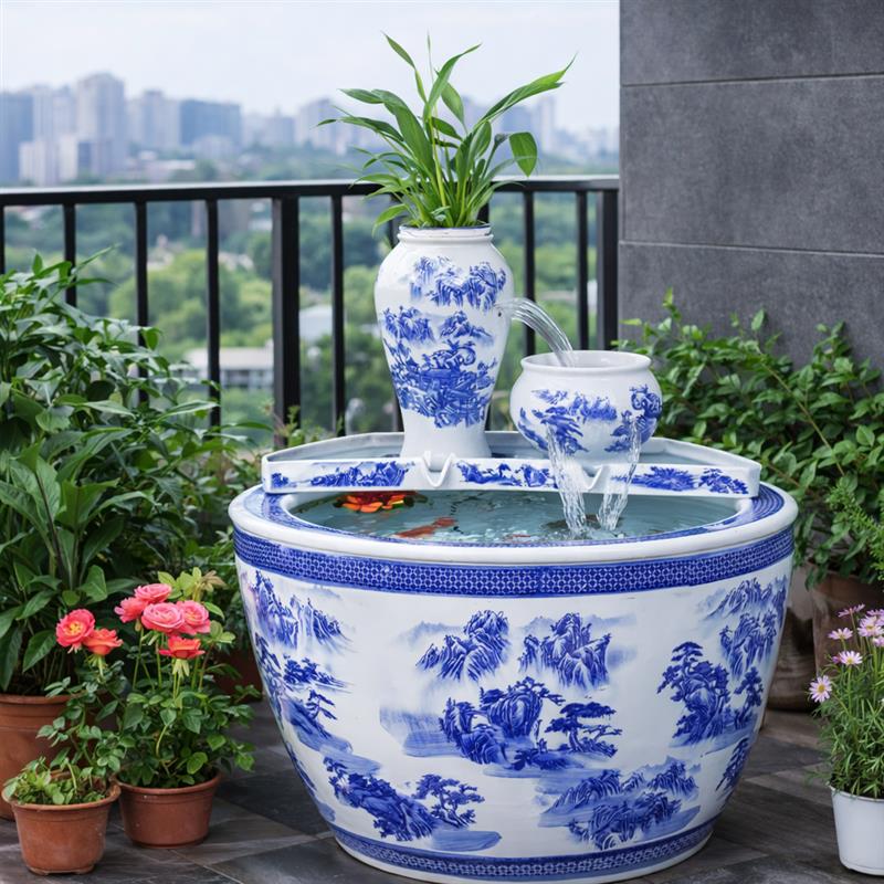 青花瓷水缸生态古法鱼缸客厅阳台金鱼缸瀑布循环流水造景过滤增氧