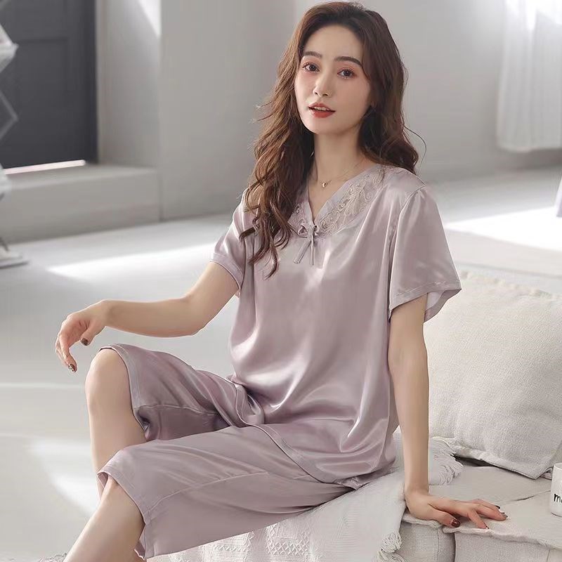 夏季睡衣女短袖七分裤冰丝绸中年妈妈女士真丝睡衣家居服大码套装