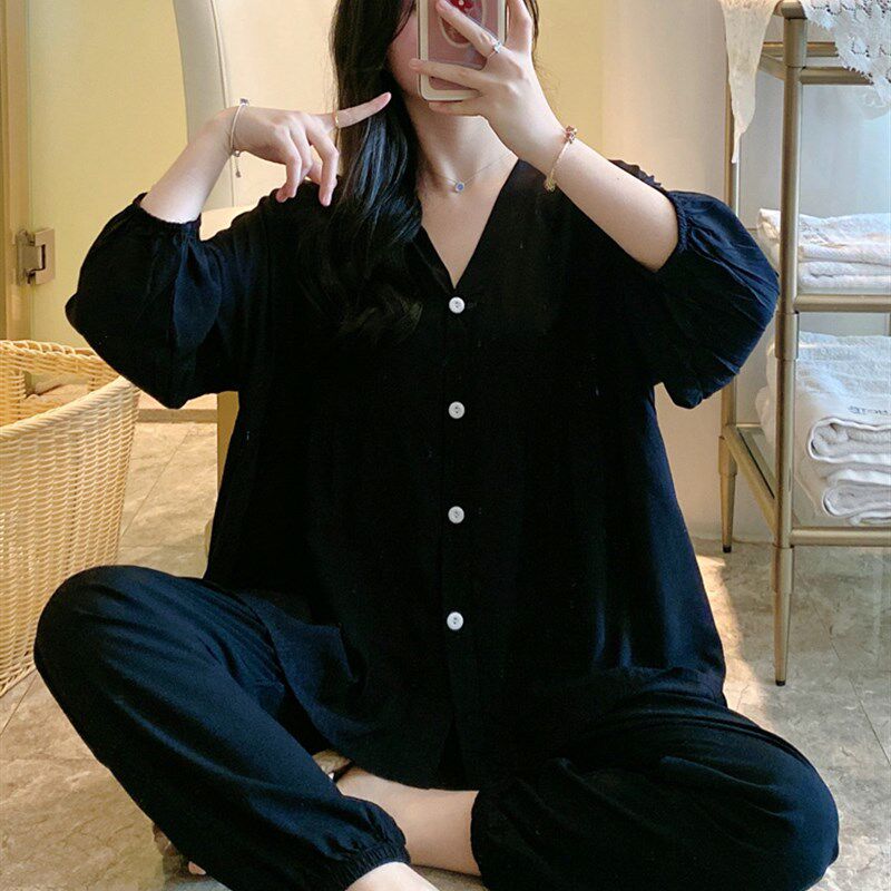 夏季款棉绸睡衣月子家居服女夏天七分袖人造棉空调女士大码绵套装