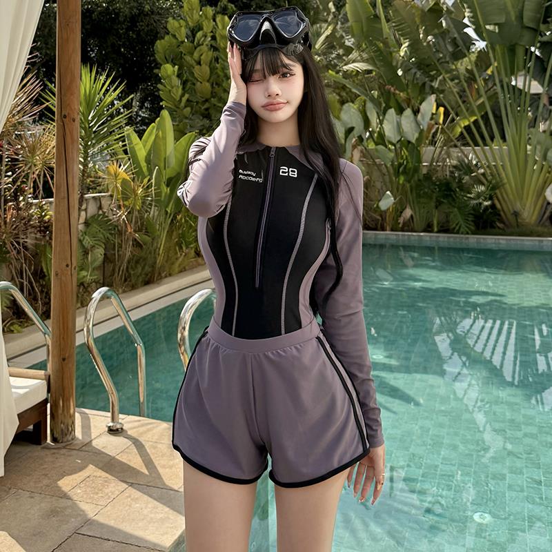 新款泳衣女连体简约长袖长裤防晒浮潜水母衣速干沙滩冲浪潜水服女