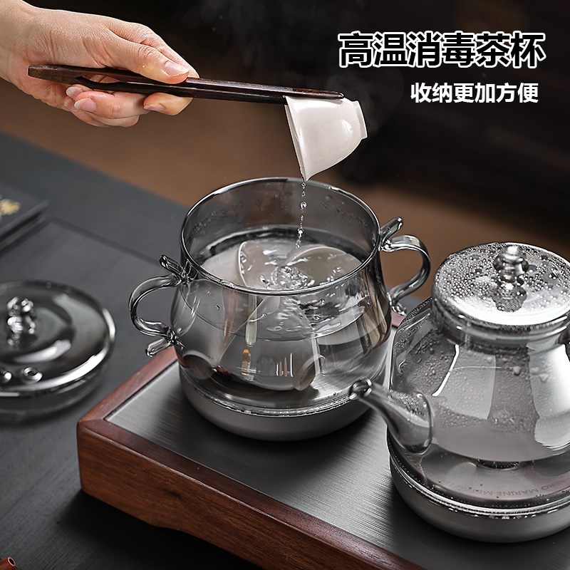 纯钛全自动底部双边上水烧水壶家用茶台茶桌嵌入式烟灰玻璃煮茶器