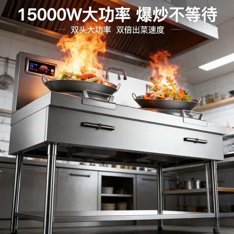 商用电磁炉15KW凹面大功率饭店食堂炒炉380V电磁炉双头电炒灶