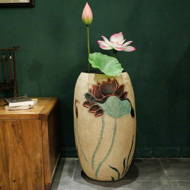 荷花干花落地花瓶插新中式客厅玄关摆件大号树脂装饰书房字画缸筒