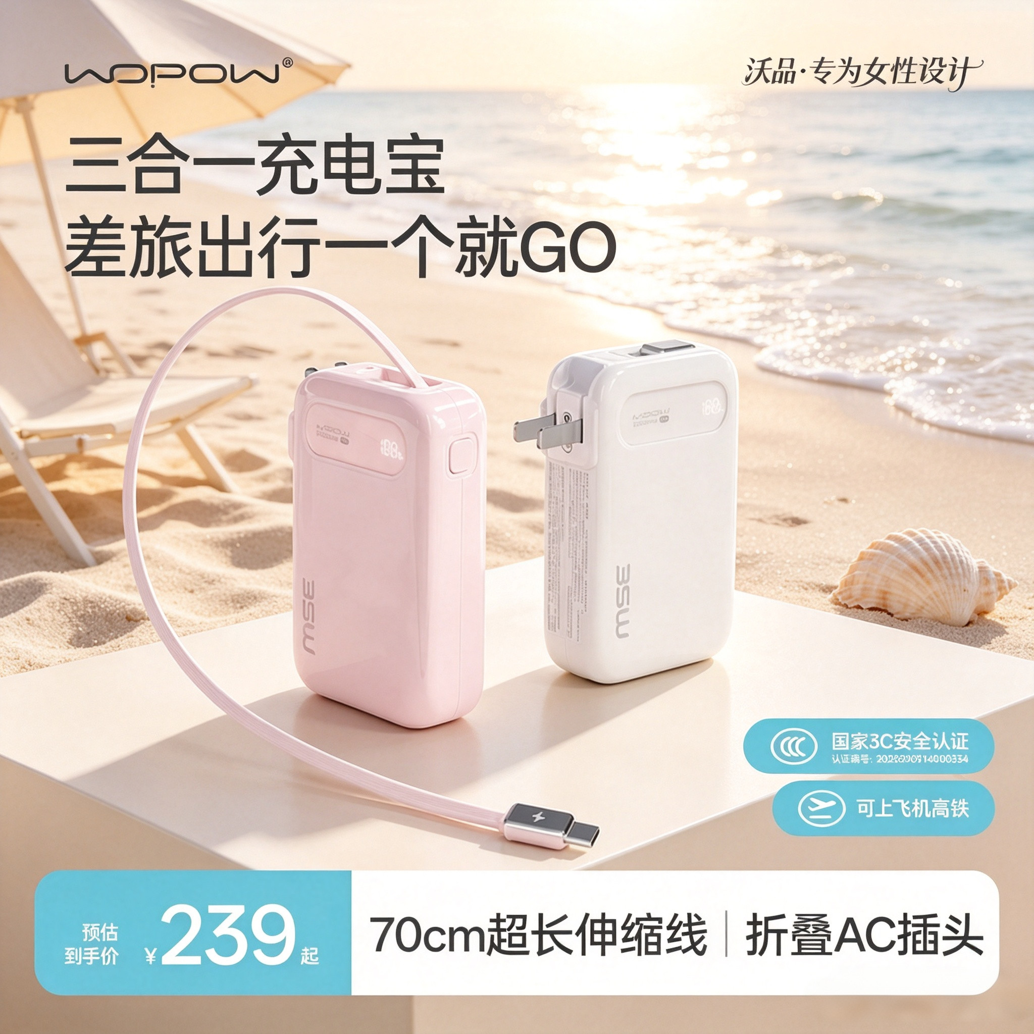 【3C认证可上飞机】WOPOW沃品三合一充电宝器自带插头伸缩线2026新款20000毫安快充大容量移动电源适用苹果18