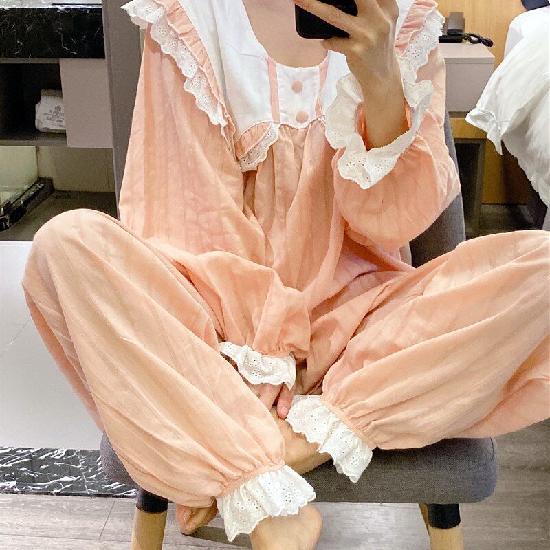 甜美可爱宫廷公主风睡衣女秋纯棉大花边家居服大码胖mm200斤套装