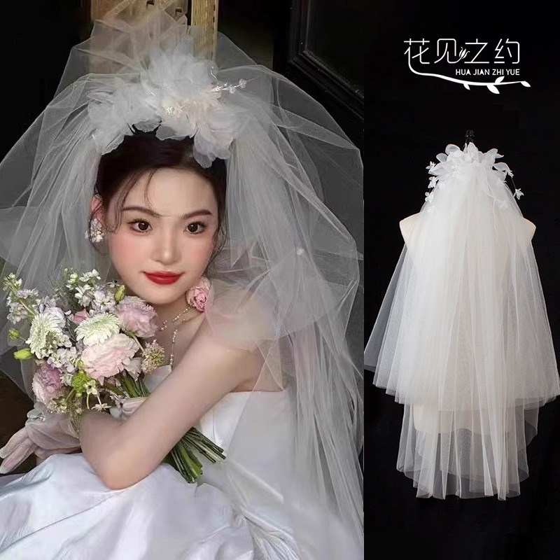 超仙花朵头纱头饰韩式新娘结婚发饰婚纱礼服旅拍配饰大气2024新款图片