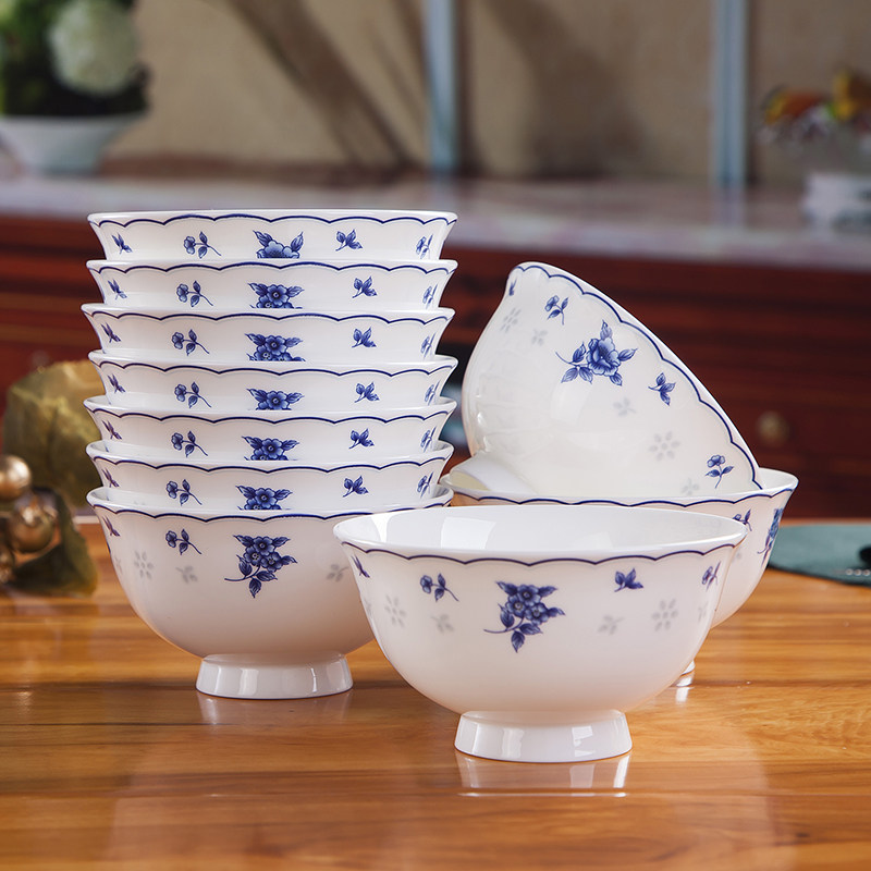 景德镇陶瓷骨瓷餐具10个4.5/5英寸家用中式米饭碗高脚防烫吃饭碗