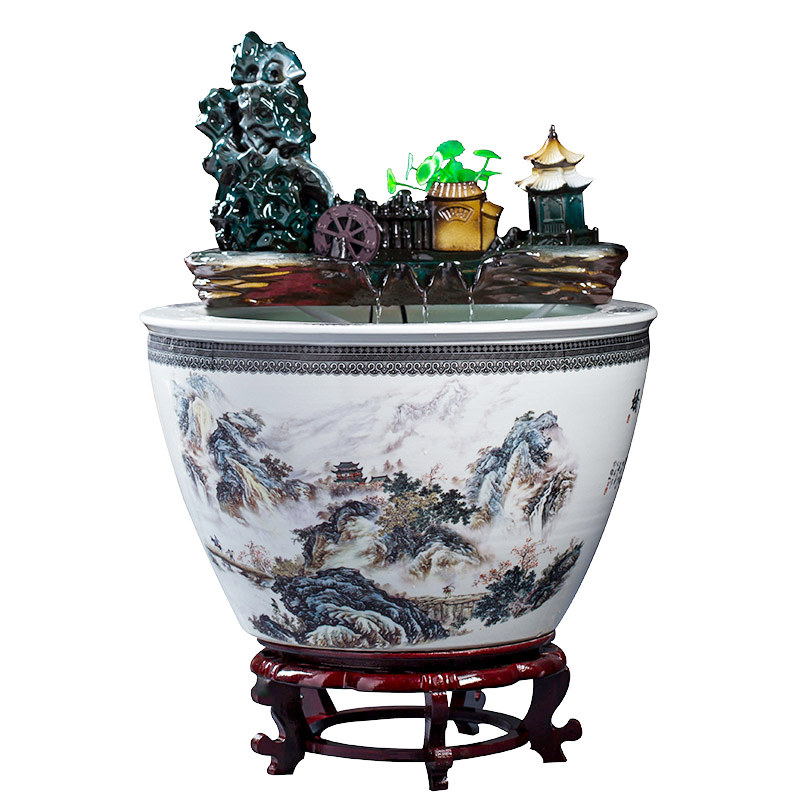 景德镇陶瓷鱼缸特大号过滤循环流水器养鱼客厅摆件喷泉荷花睡莲盆