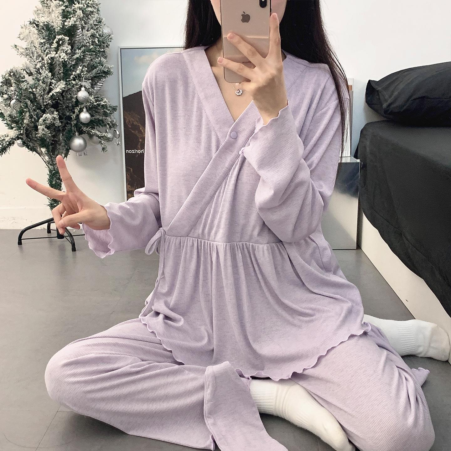带胸垫莫代尔月子服夏季薄款产后怀孕期孕妇睡衣春秋哺乳衣家居服