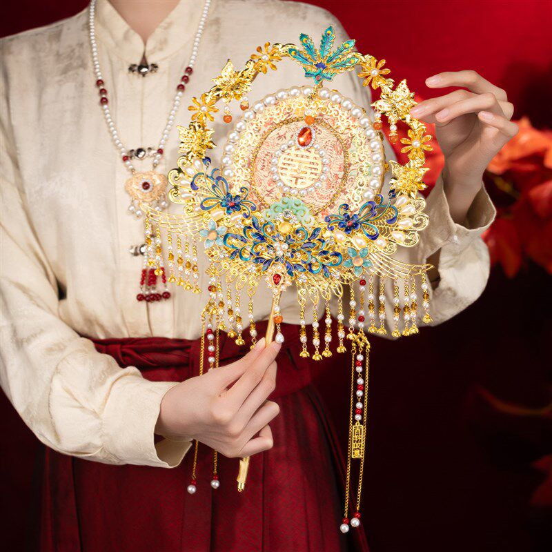 中式婚礼新娘团扇重工古风金色手工成品喜扇秀禾服结婚diy材料包