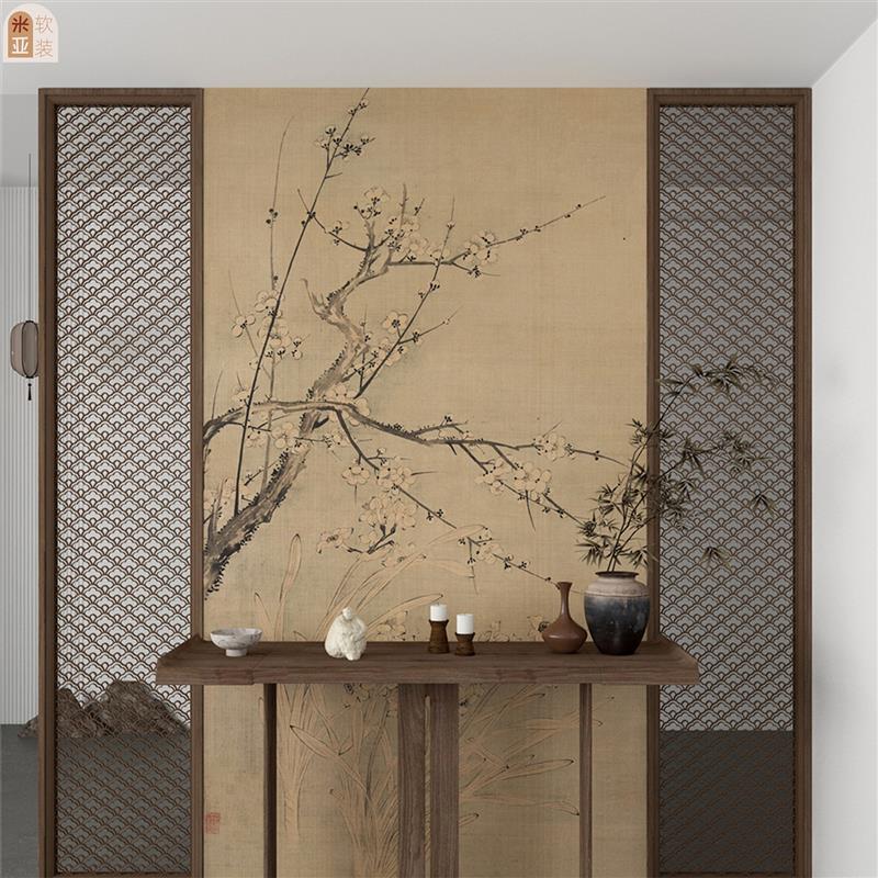 梅花水仙图古画玄关墙面装饰贴画茶室中国画背景墙客厅墙贴纸定制