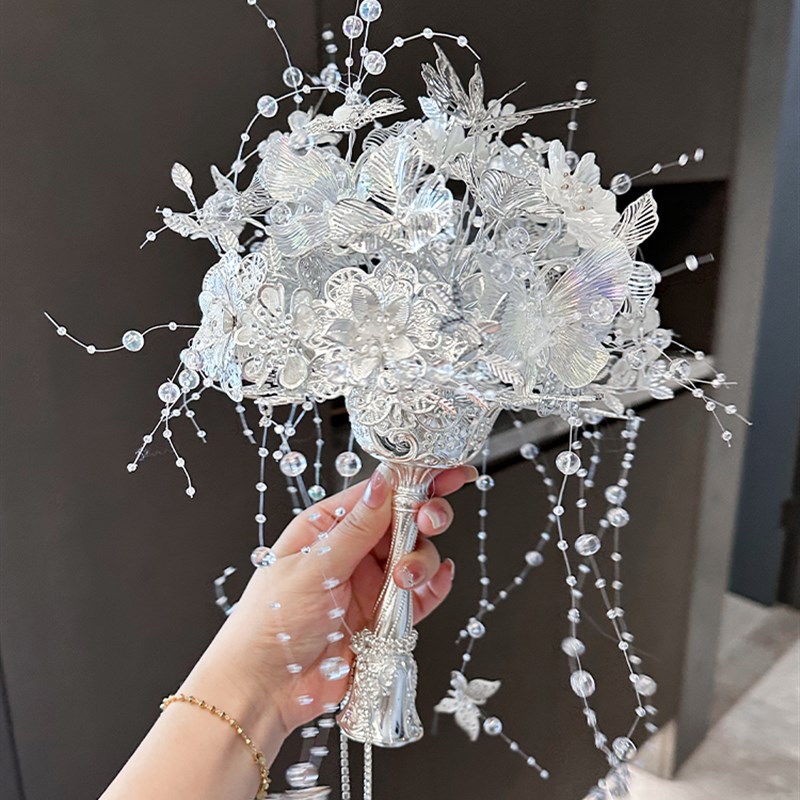 银白色手捧花新娘结婚diy材料包婚礼权杖婚纱出嫁送闺蜜手工礼物