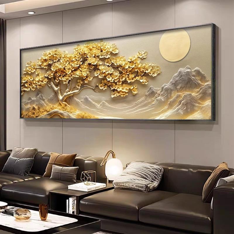 现代轻奢客厅装饰画发财树沙发背景墙挂画高级感办公室大白墙壁画