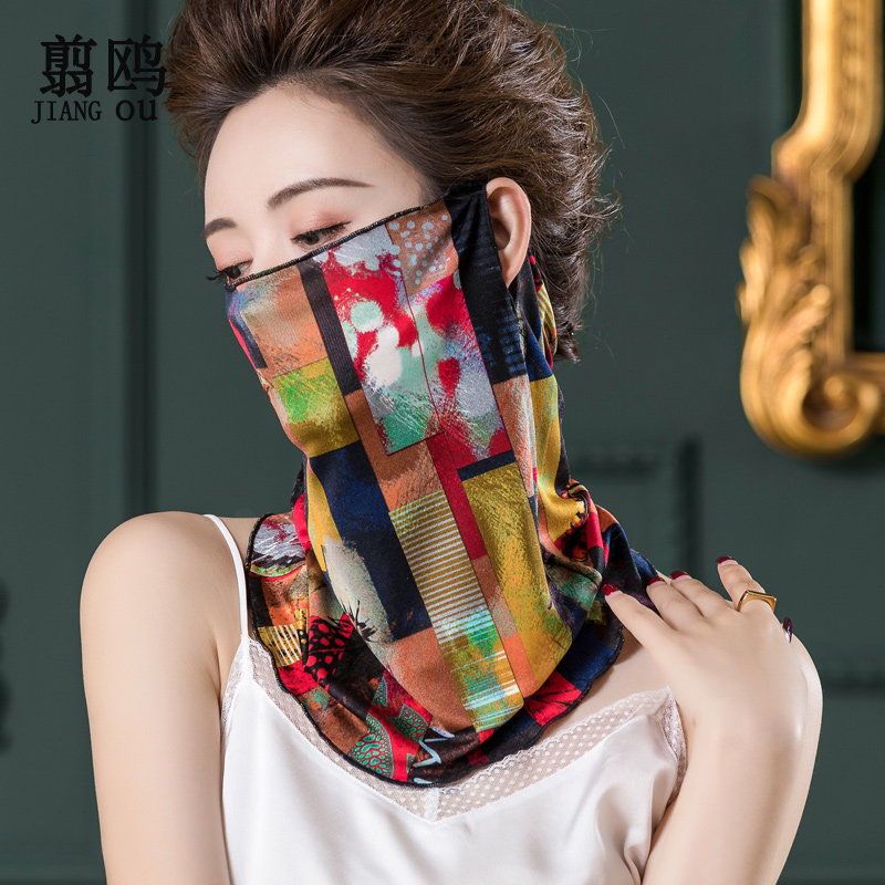 夏季真丝防晒面罩女套头护颈挂耳围脖桑蚕丝蒙面丝巾全脸遮阳防尘