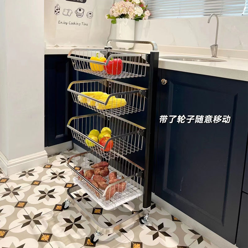 厨房蔬菜置物架落地多层304不锈钢放菜水果收纳移动小推车菜篮子