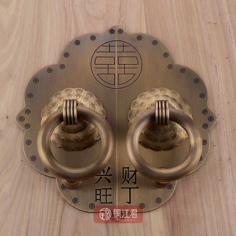 中式仿古实木大门纯铜大拉手加厚精雕底板财丁兴旺铜拉环