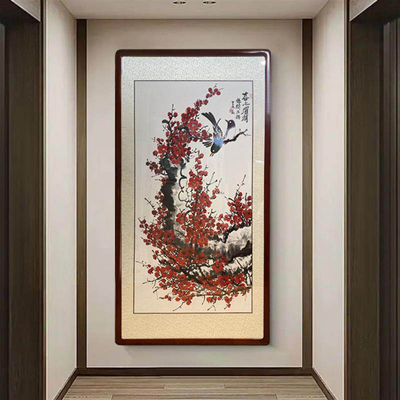 【纯手绘】山水国画客厅玄关装饰画梅花喜上眉梢水墨画竖版副定制