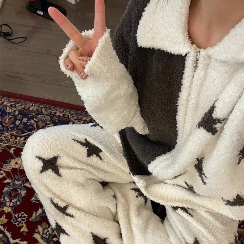 韩国半边绒拼色睡衣女秋冬季可外穿珊瑚绒家居服套装2025新款冬天