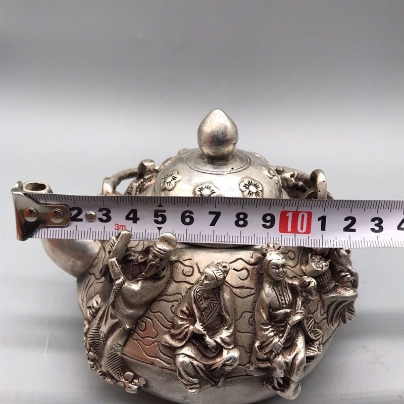 古玩老物件老银八仙高提梁银茶壶精工打造银壶足银壶古董收藏摆件
