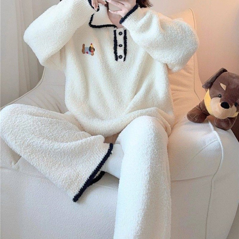 2025新款睡衣女甜美翻领加厚半边绒秋冬季针织珊瑚绒家居服套装