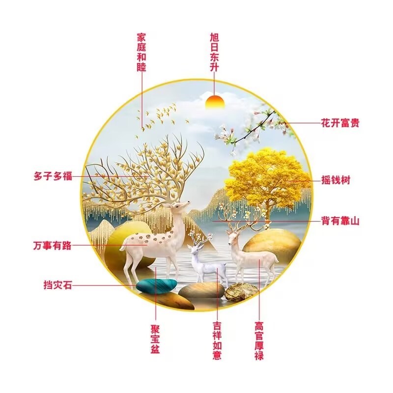 新中式LED灯画玄关装饰画现代简约客厅壁画餐厅卧室圆形晶瓷挂画