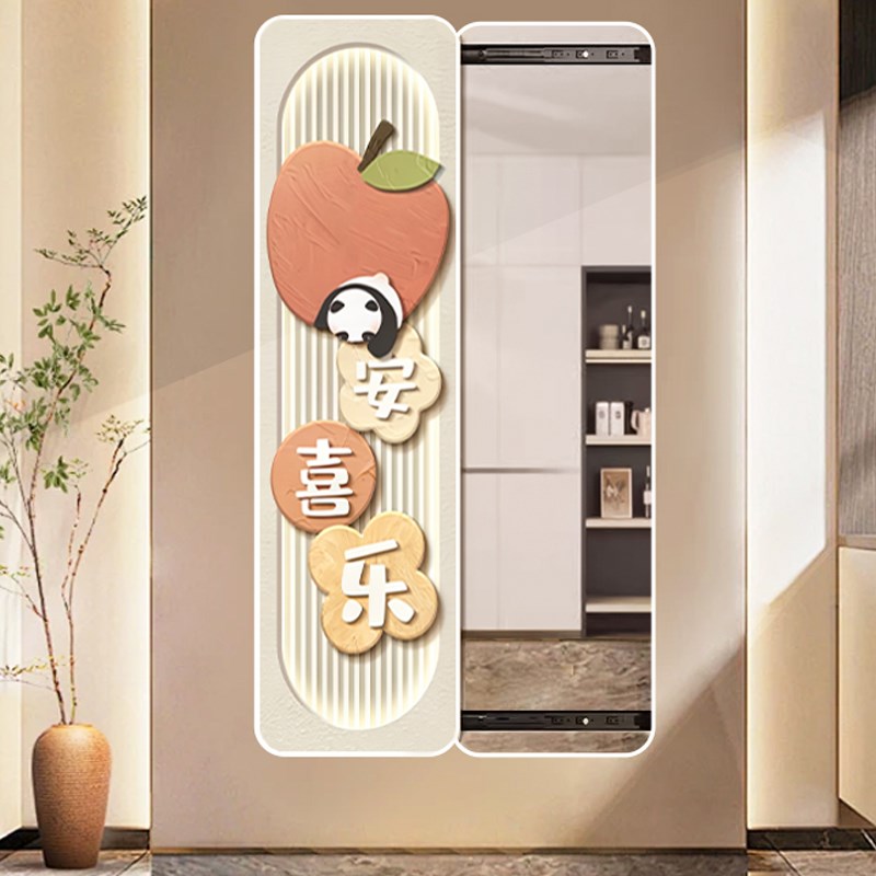 隐藏式全身镜装饰画推拉穿衣镜试衣镜客厅玄关画发财猫遮挡装饰镜