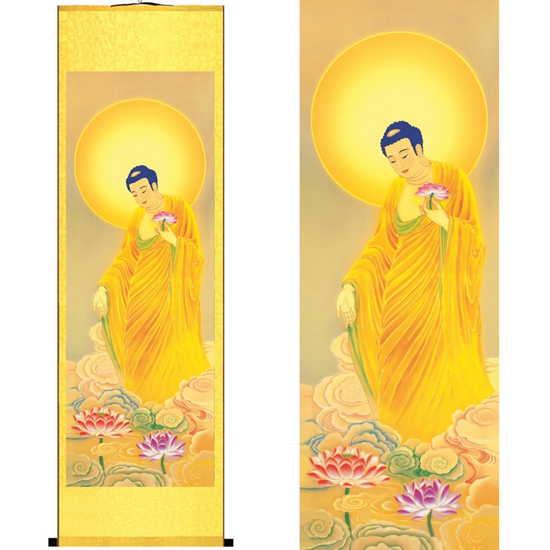 国画人物佛像 西方三圣画像卷轴挂画 阿弥陀佛观音菩萨大势至菩萨