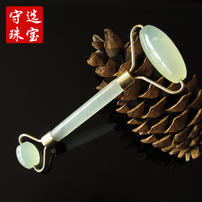 天然玉石面部脸部眼部美容 岫玉脸滚轮棒淋巴器按摩推脸单双头珠