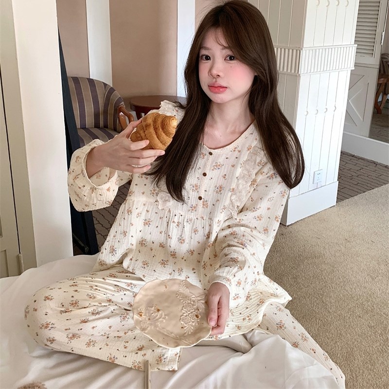 韩系甜美碎花婴儿棉纱睡衣女春秋季公主风蕾丝V领棉麻家居服套装