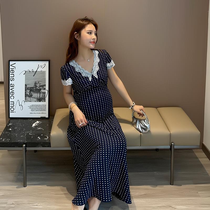 UMI孕妇装夏季新款纯欲蕾丝V领高级感花边短袖波点茶歇度假连衣裙