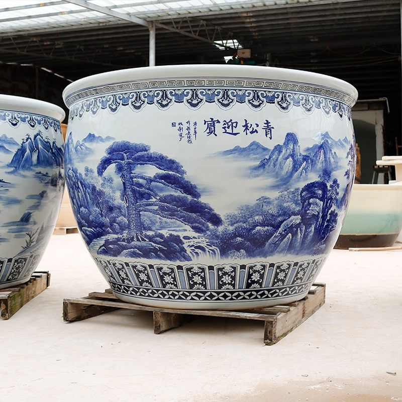 景德镇陶瓷大缸青花瓷手绘山水庭院客厅阳台中式仿古大型荷花鱼缸