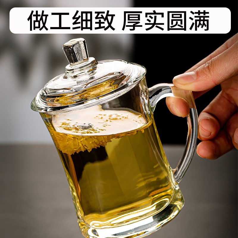 2024款耐热玻璃茶水杯带盖茶饮杯加厚把手泡茶杯子办公家用喝水杯