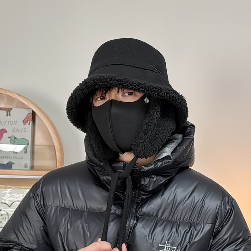 秋冬纯色保暖毛绒绒大檐渔夫帽女护耳系带毛毛盆帽保暖防风棉帽男