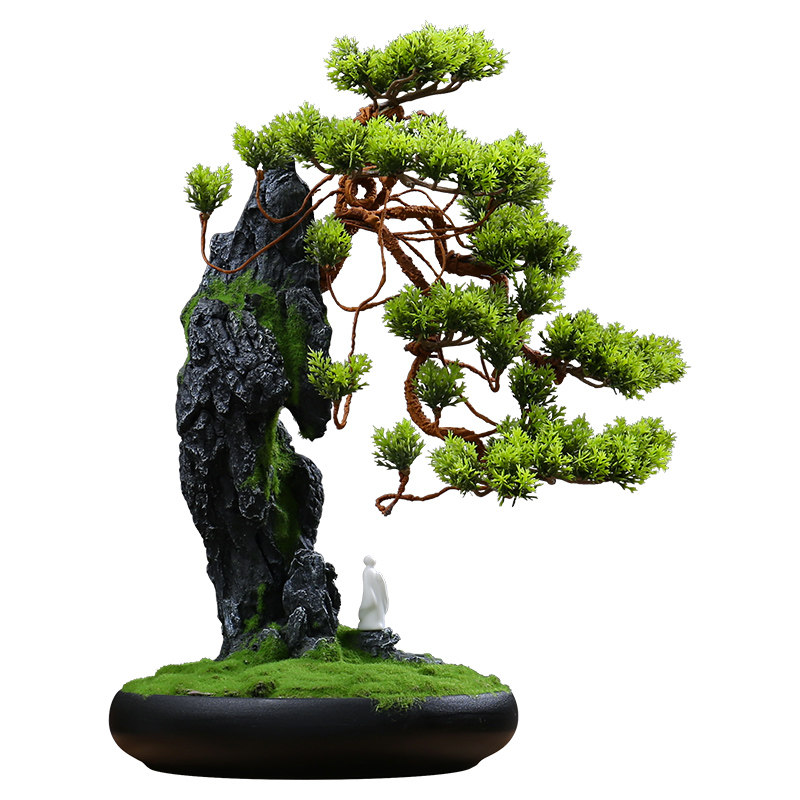 仿真迎客松盆景摆件新中式假山绿植盆栽小罗汉松柏树客厅装饰植物