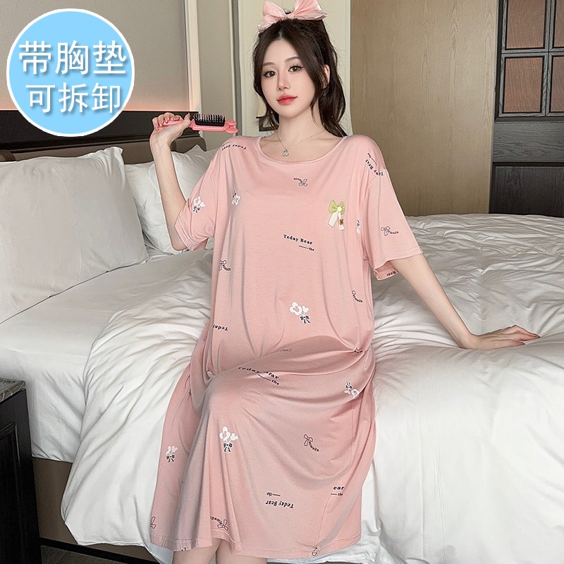 带胸垫睡裙女夏季莫代尔棉加肥加大码200斤休闲可外穿孕妇睡衣裙