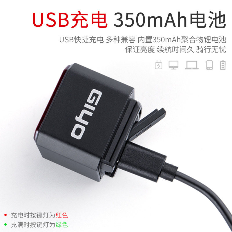 GIYO自行车智能感应刹车防水尾灯山地车公路车USB充电强光警示灯
