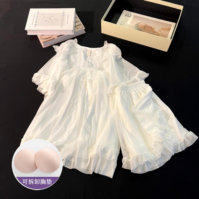 新款睡衣女夏季短袖高级感纯欲网纱带胸垫白色莫代尔套装家居服